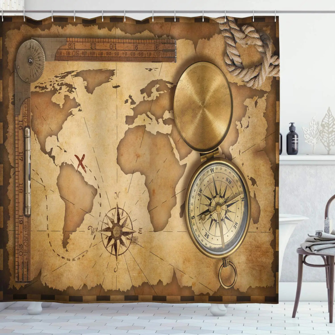 Aged Compass World Map Shower Curtain 