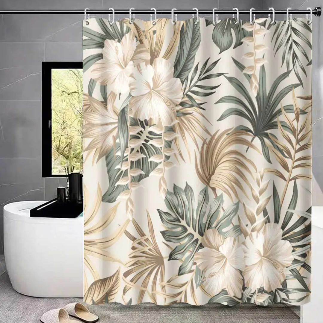 Beige Monstera Shower Curtain