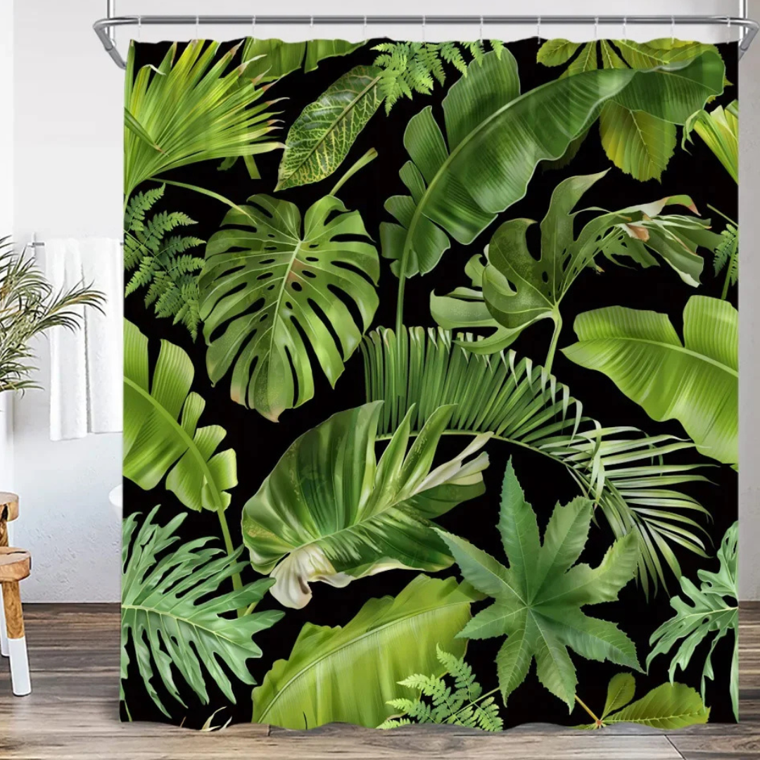 Black Green Monstera Shower Curtain