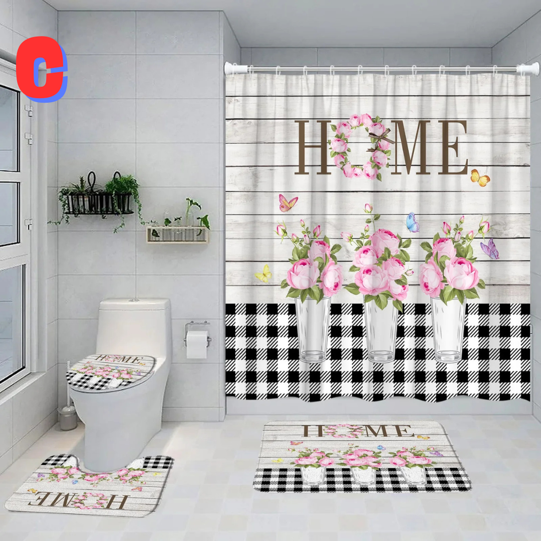 Black and White Farmhouse PINK FLORAL Shower Curtain 