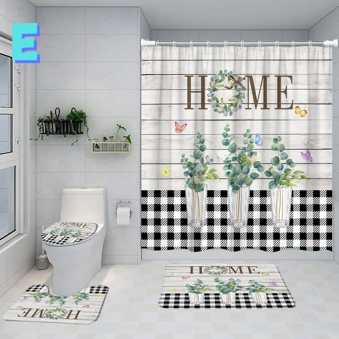 Black and White Farmhouse GREEN FLORAL Shower Curtain 