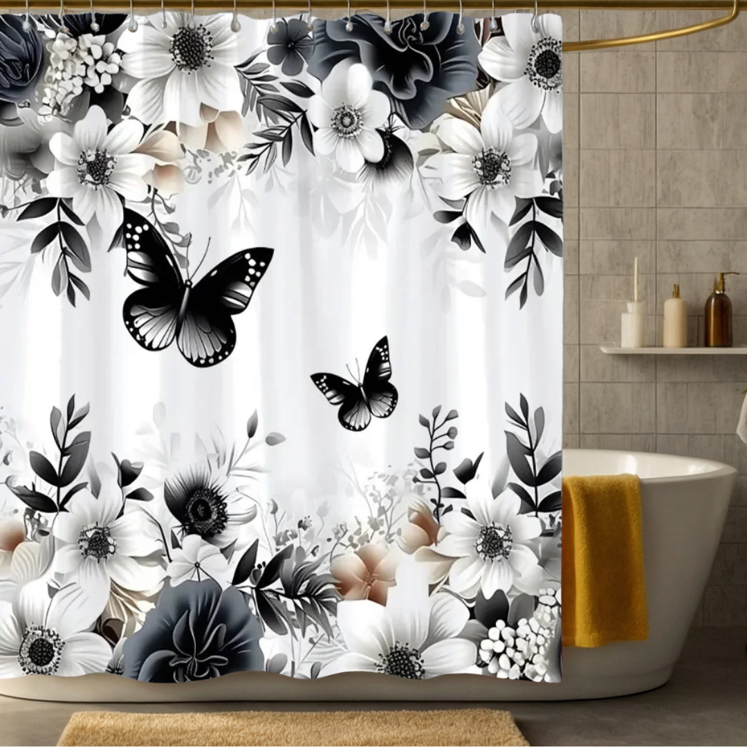 Black and White Floral Butterfly Shower Curtain