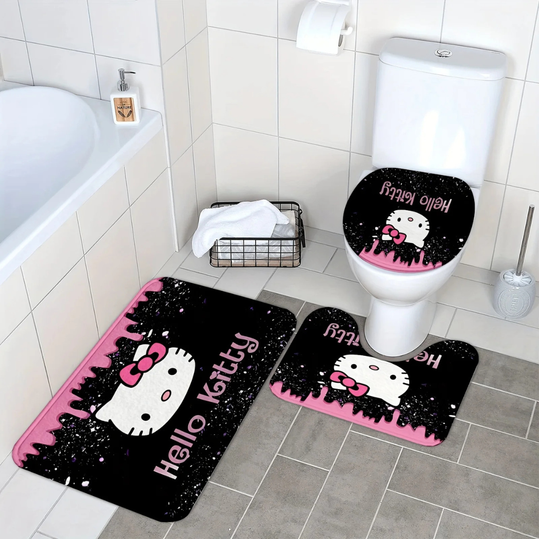 Black and White Hello Kitty Shower Curtain in a bathroom