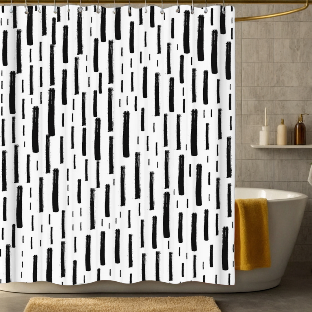 Black and White Shower Curtain with Hand-Drawn Vertical Irregular Stripes