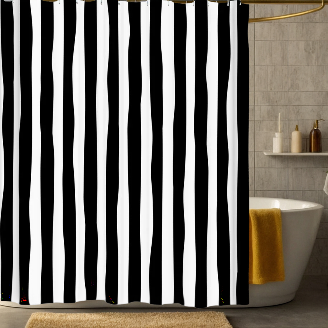 Black and White Shower Curtain with Vertical Wavy Stripes