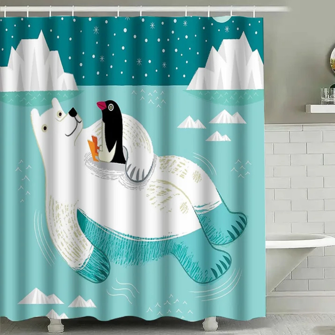 Blue Cartoon Polar Bear and Penguin Shower Curtain