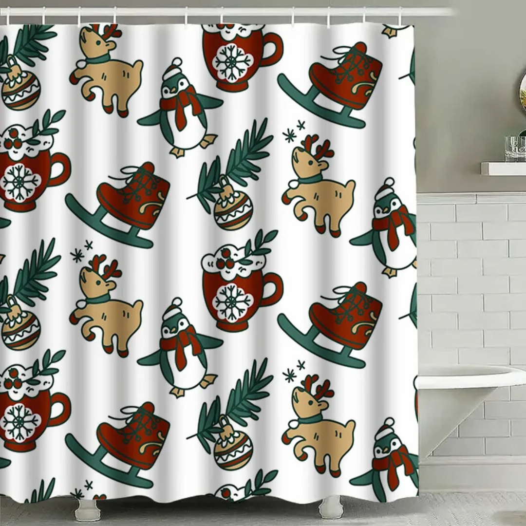 Cartoon Reindeer & Penguin Ice Skating Shower Curtain
