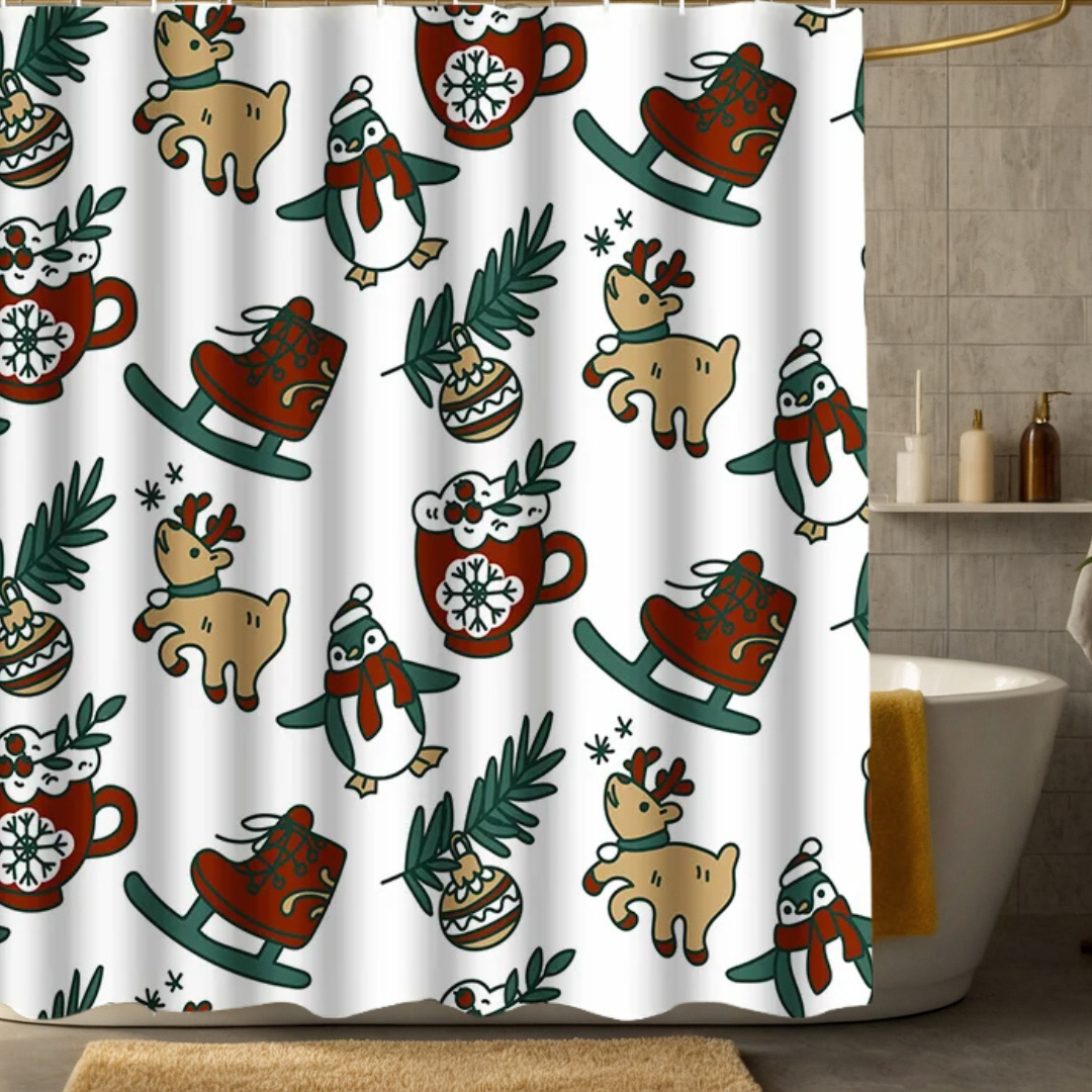 Cartoon Reindeer & Penguin Ice Skating Shower Curtain