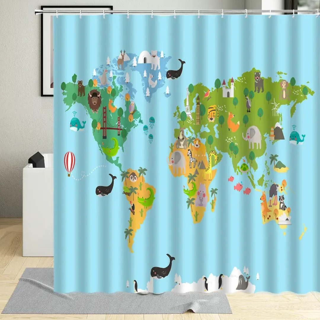 Cartoon World Map Shower Curtain 
