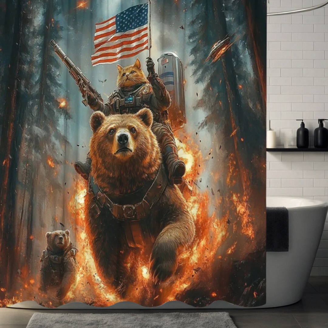 Cat Riding Bear Shower Curtain