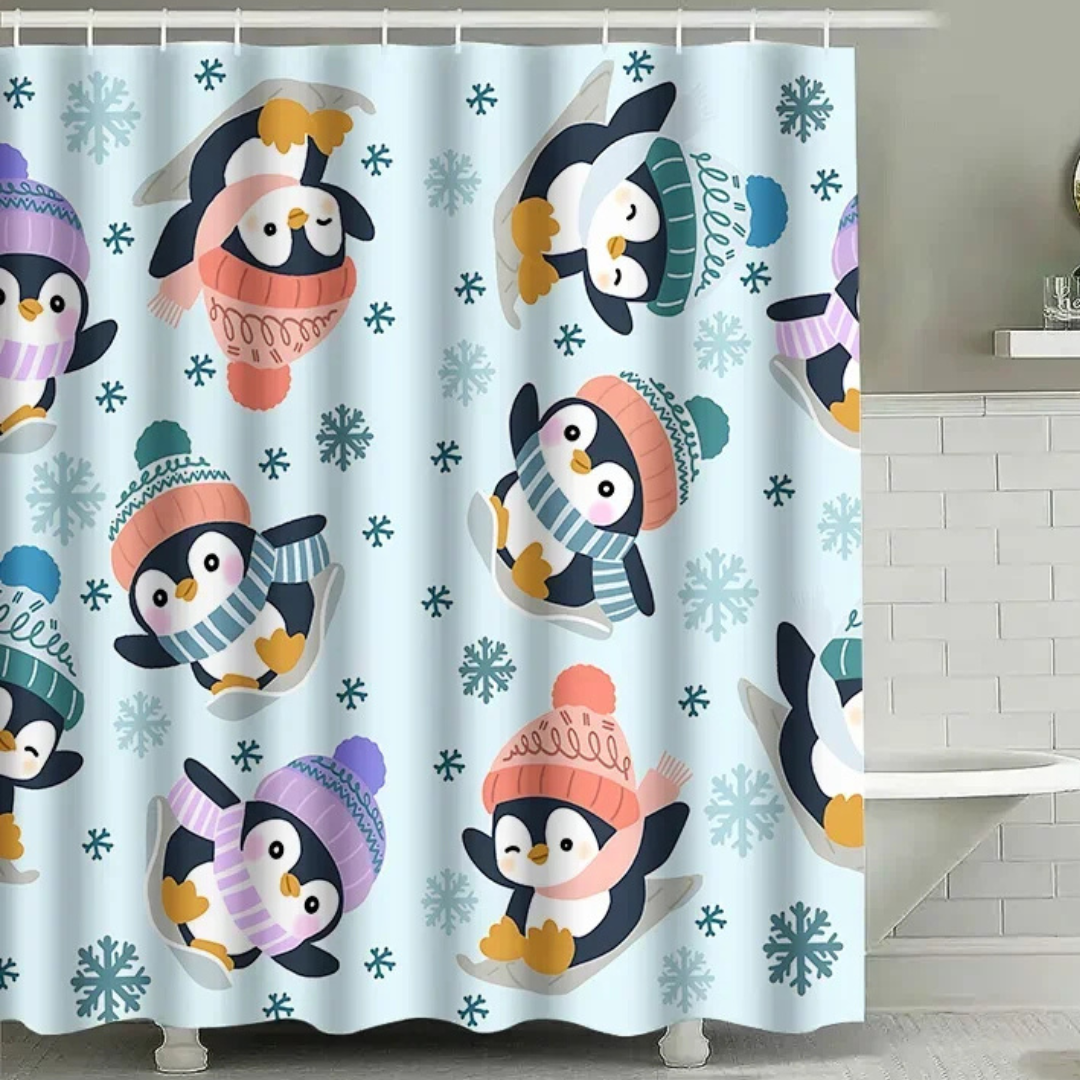 Cute Cartoon Winter Penguins Ski Shower Curtain