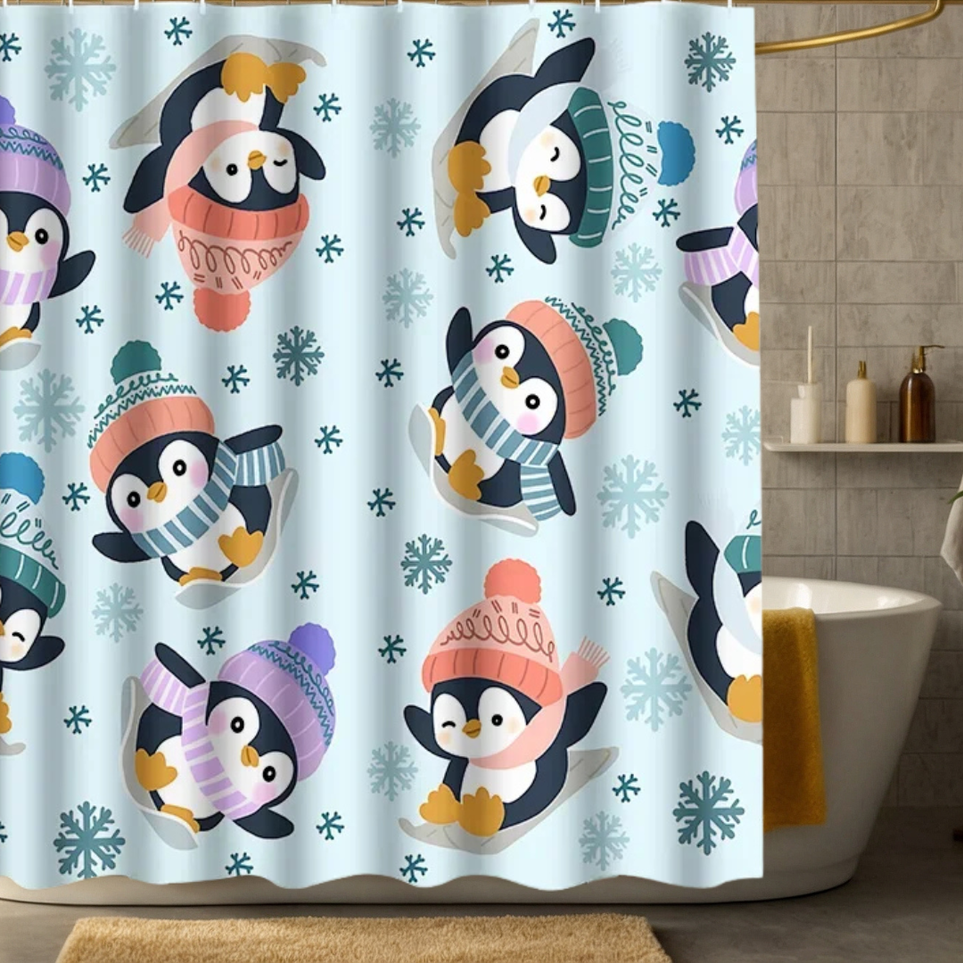 Cute Cartoon Winter Penguins Ski Shower Curtain