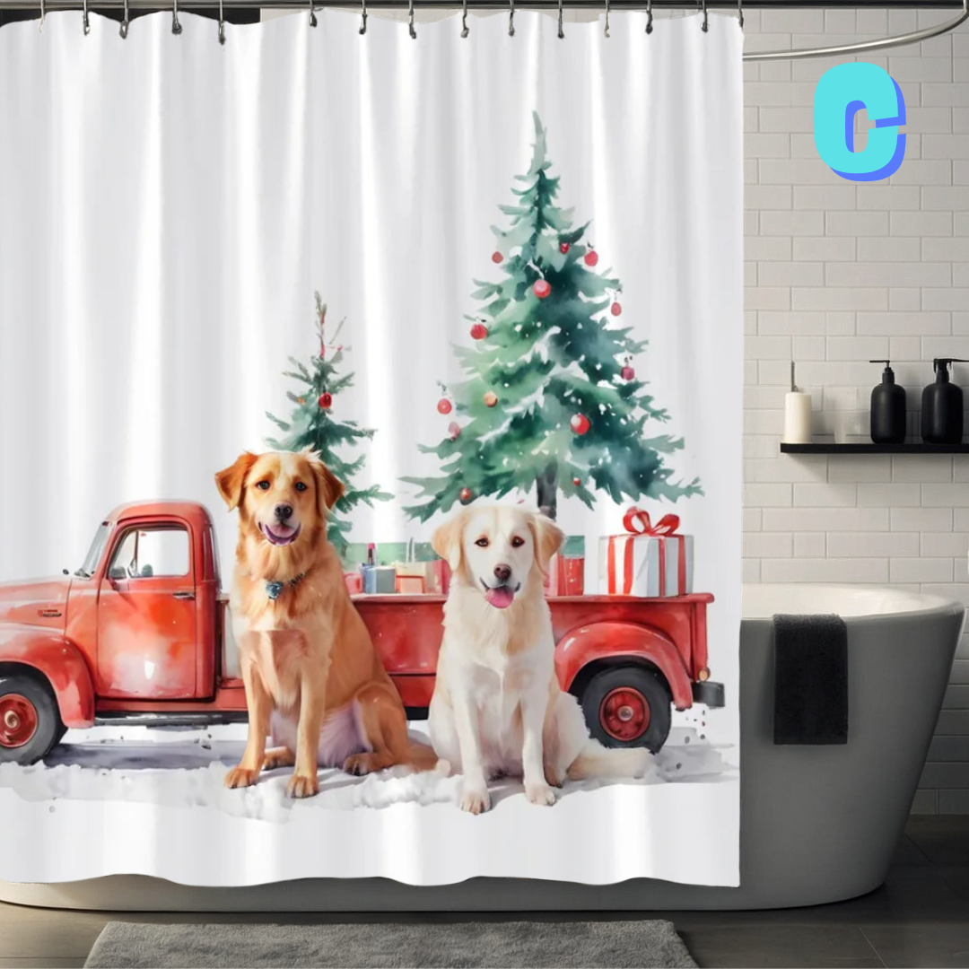 Farmhouse Christmas Shower Curtain with dogs and red truck