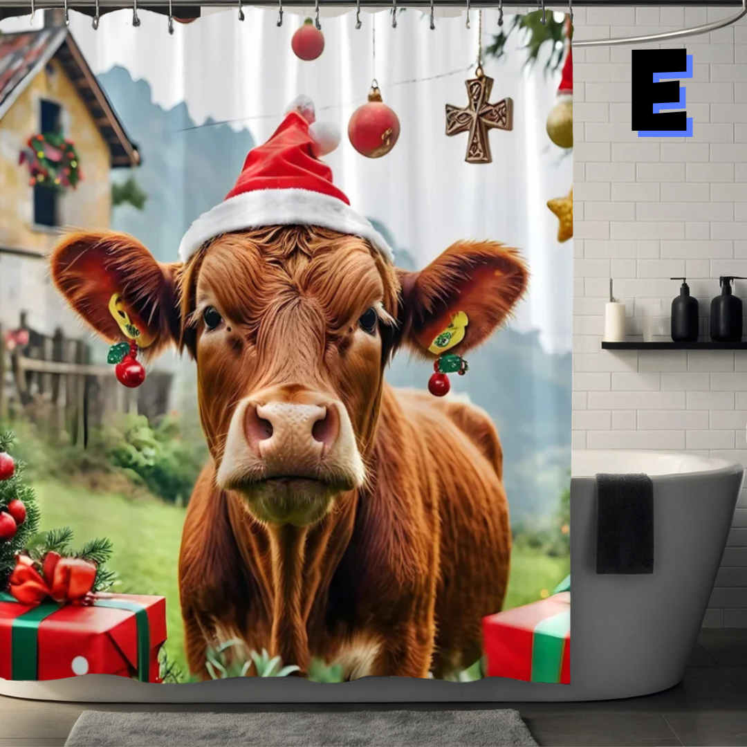 Farmhouse Christmas Shower Curtain with gifts and cow