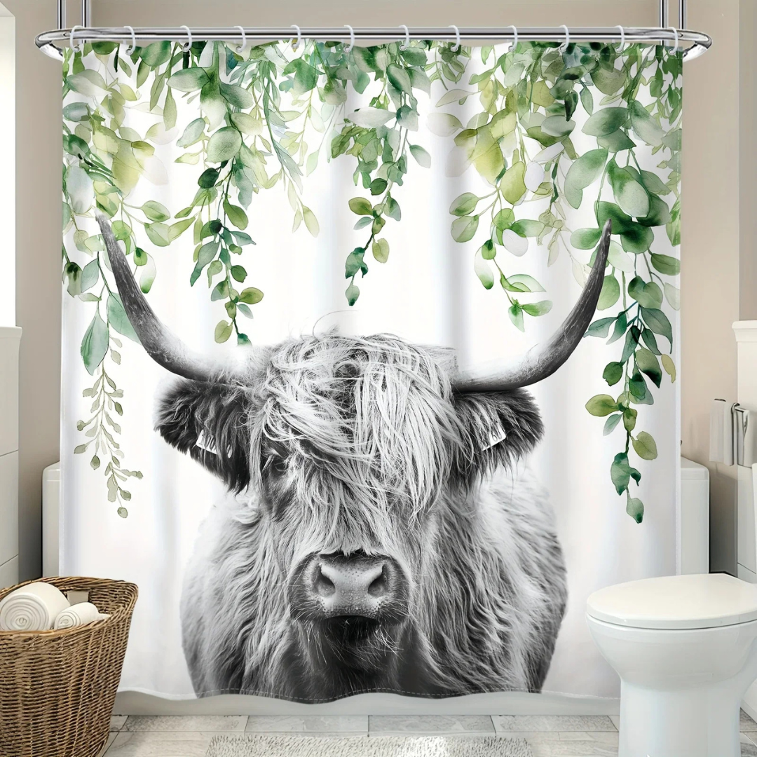 Farmhouse Highland Cow Eucalyptus Shower Curtain