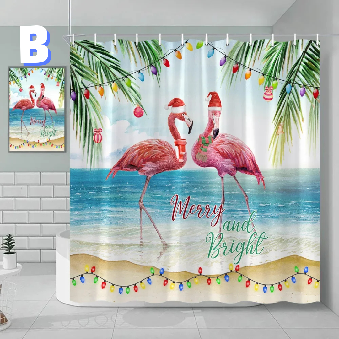 Flamingo Christmas Shower Curtain on the beach