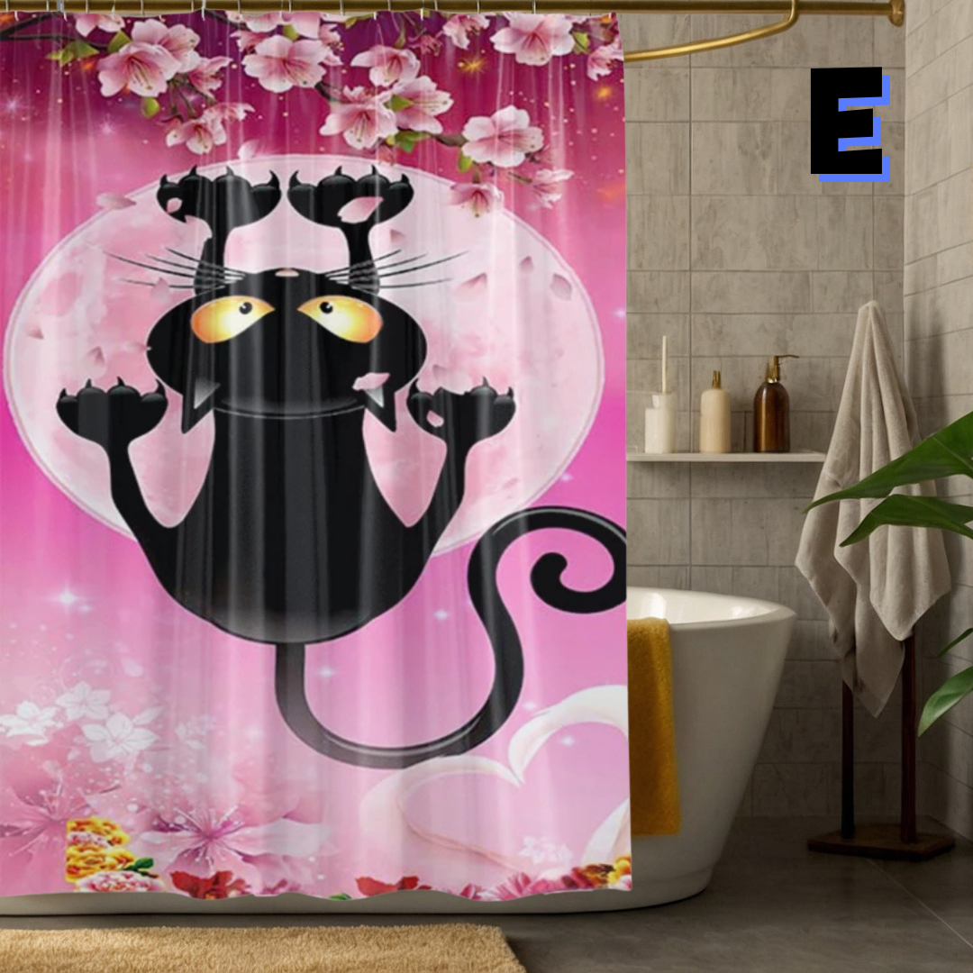 Funny Black MOON Cat Shower Curtain WITH FLOWERS