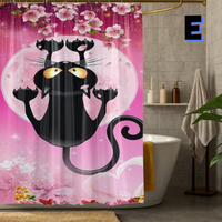 Thumbnail for Funny Black MOON Cat Shower Curtain WITH FLOWERS