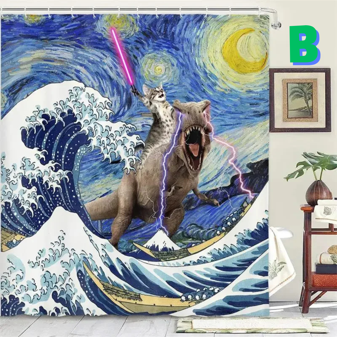 Funny LASER Cat Dinosaur Shower Curtain