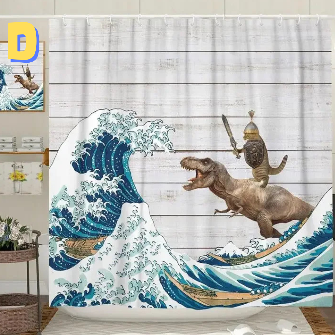 Funny SWORD Cat Dinosaur Shower Curtain