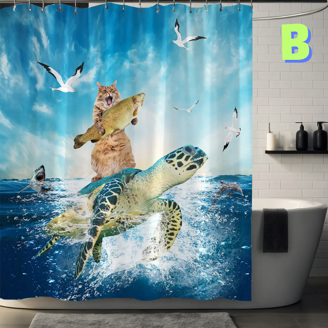 Funny Cat sea turtle Shower Curtain 