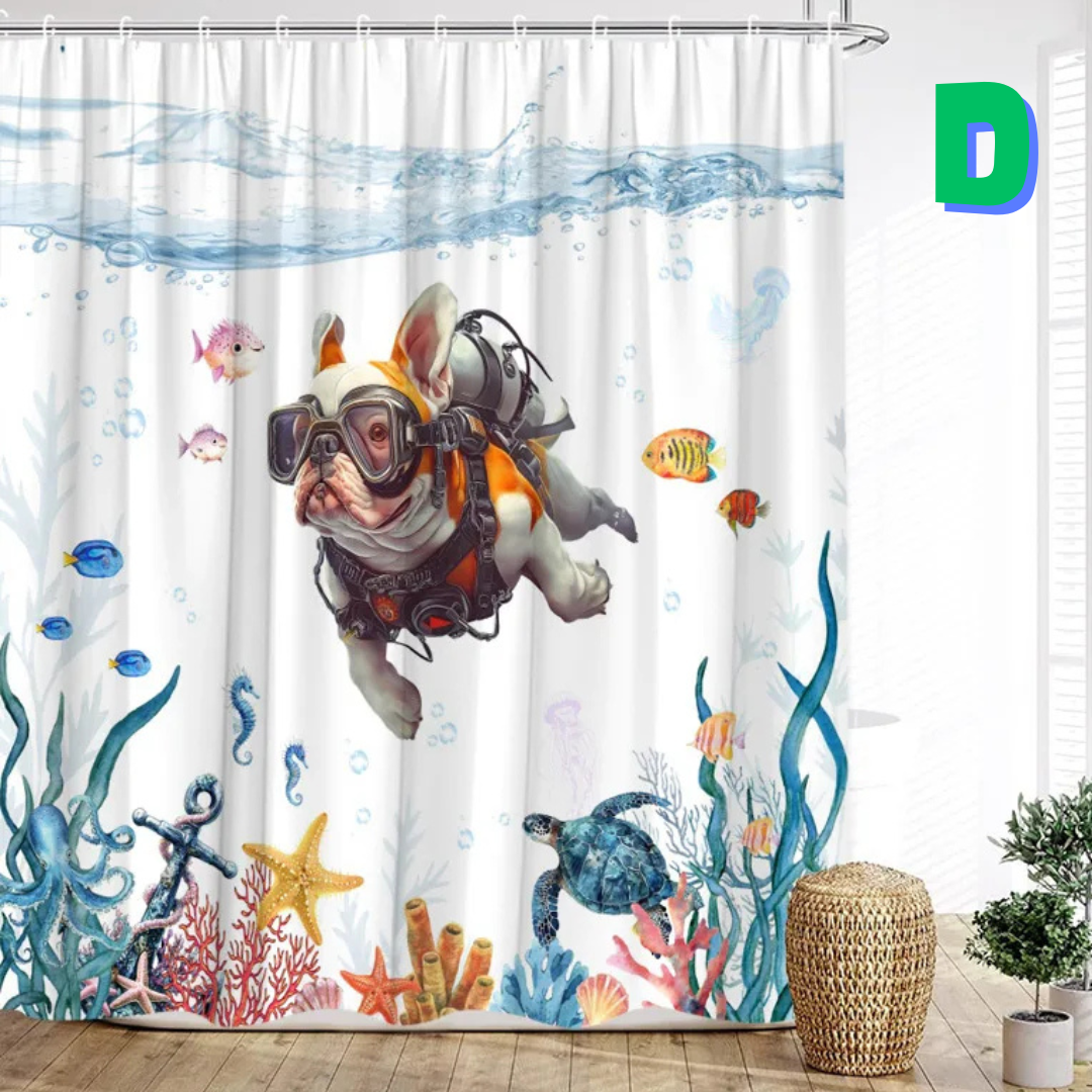 Funny diving Dog Shower Curtain with starfish