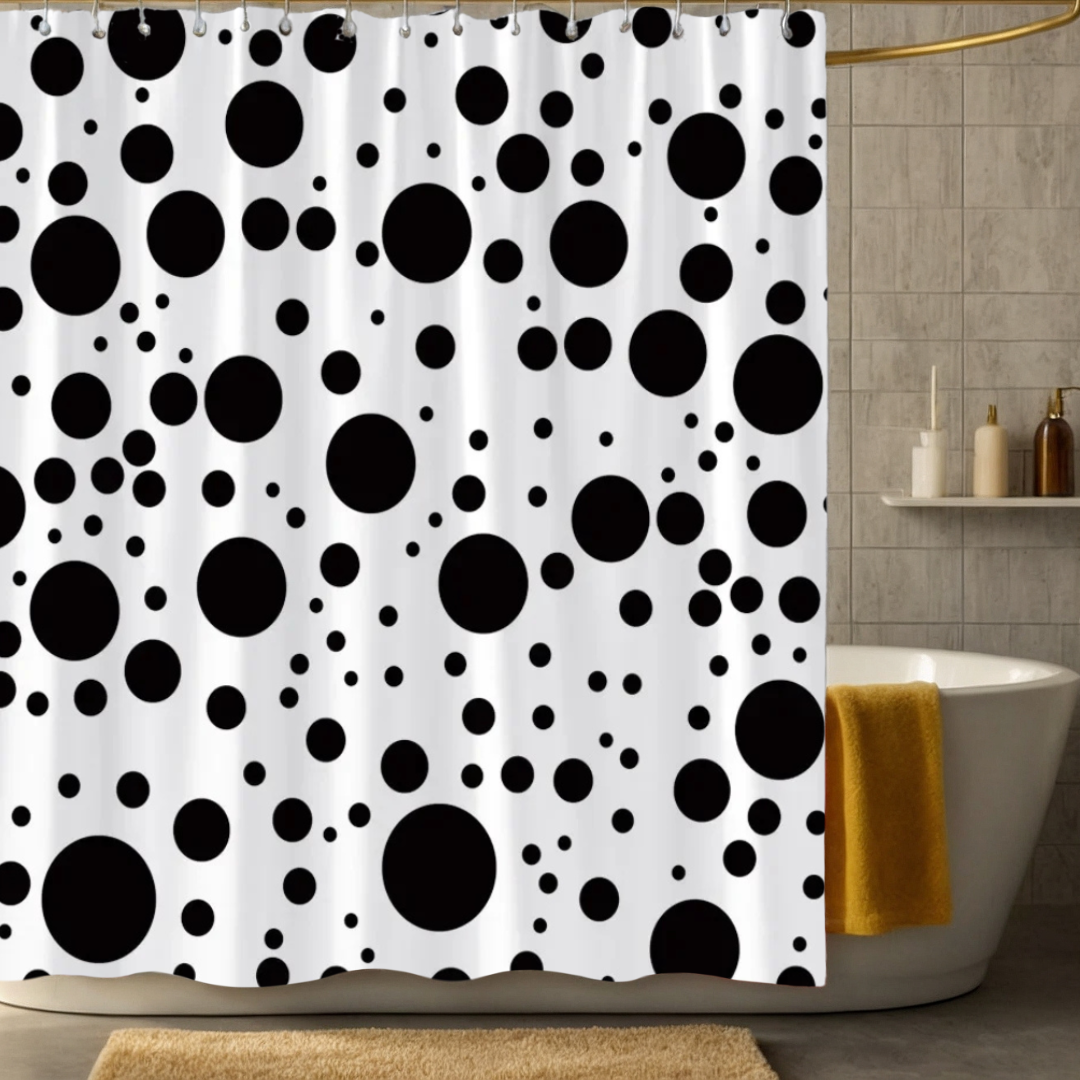Geometric Shower Curtain with Black and White Polka Dots
