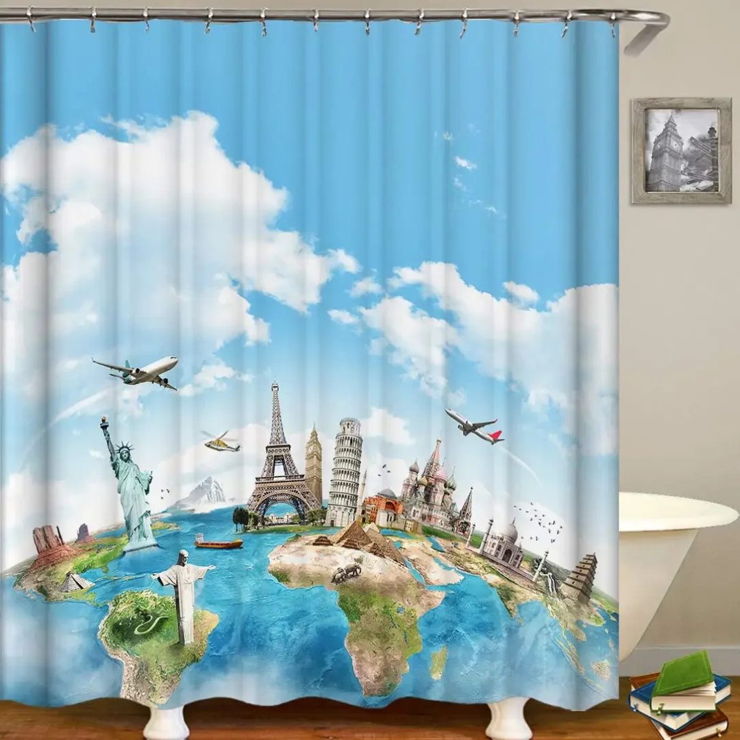 Global Landmarks World Map Shower Curtain