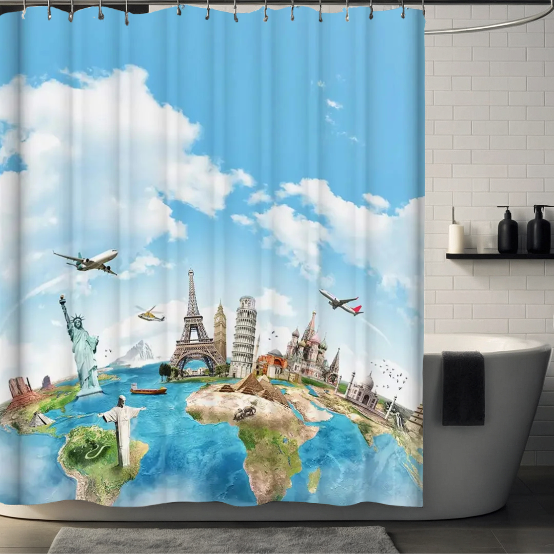 Global Landmarks World Map Shower Curtain