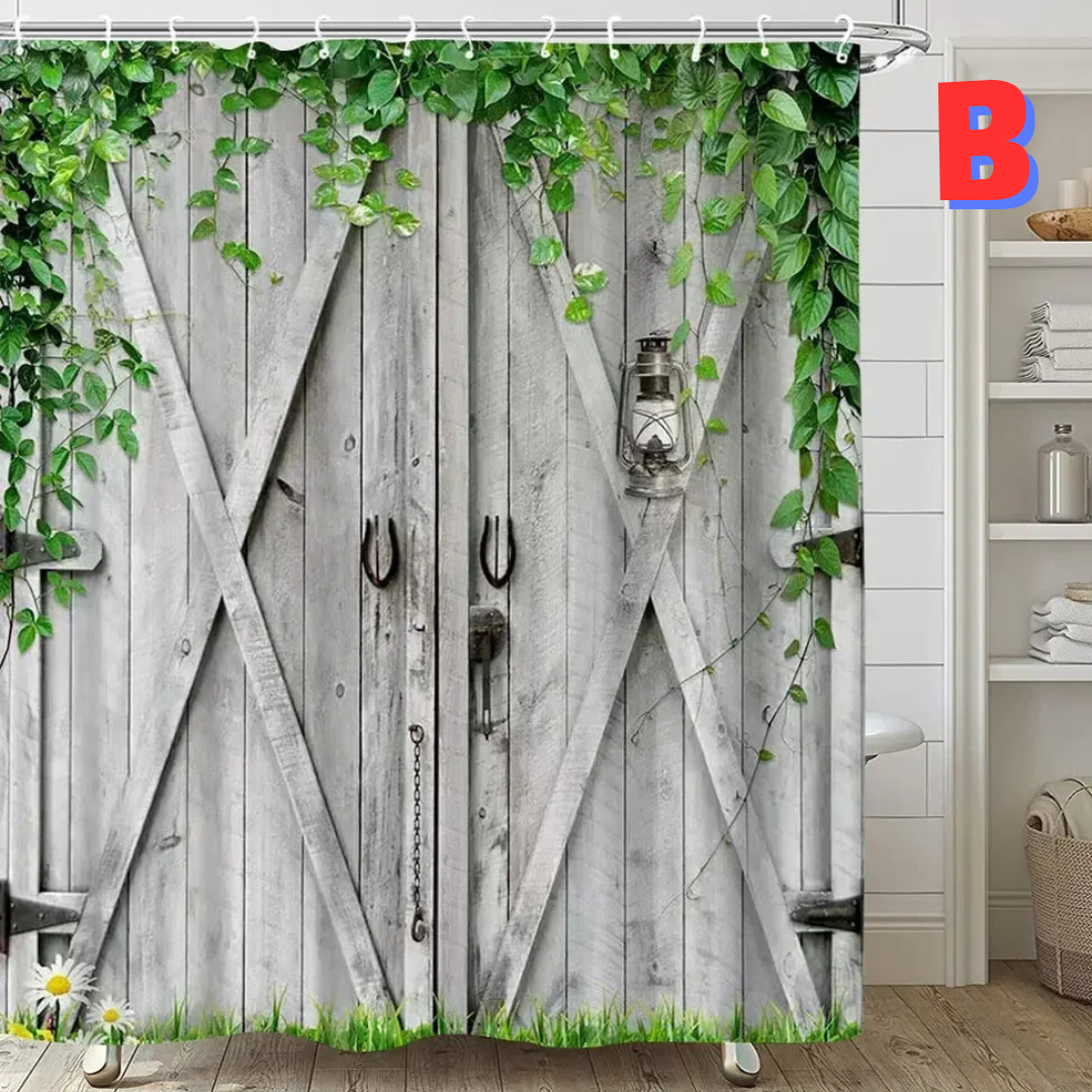 Gray Farmhouse Shower Curtain WITH GREEN LEAVES
