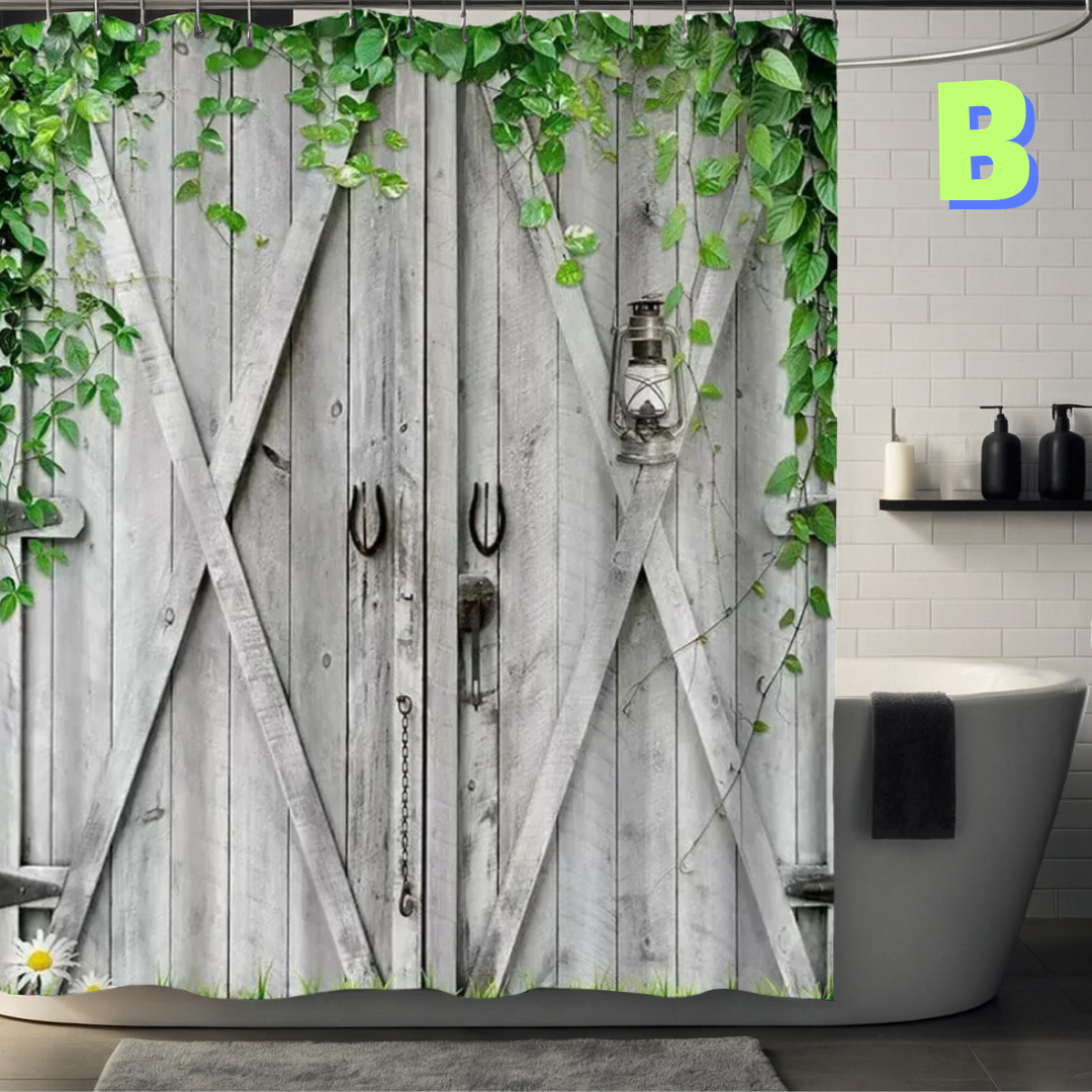 Gray Farmhouse Shower Curtain WITH GREEN LEAVES