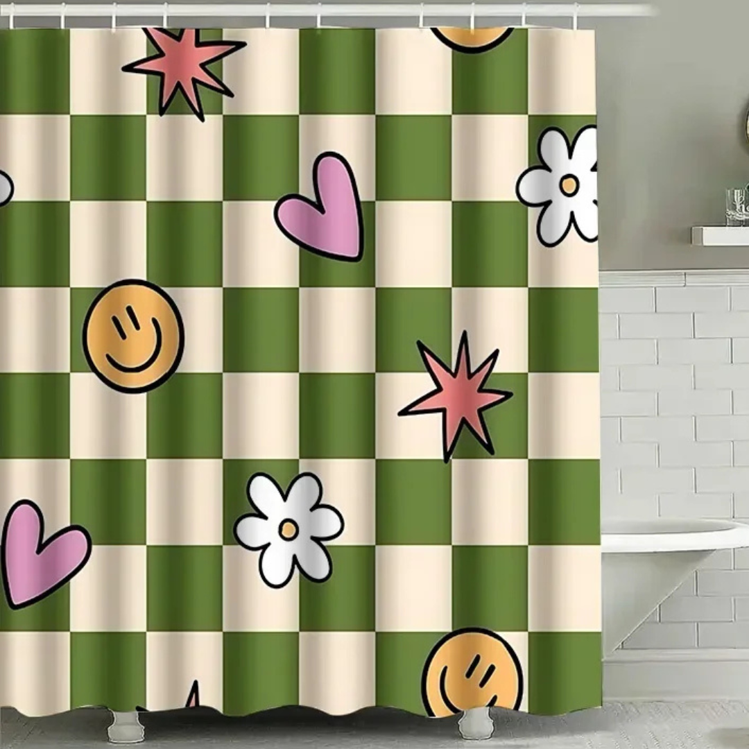 Green Checkered Smiley Shower Curtain