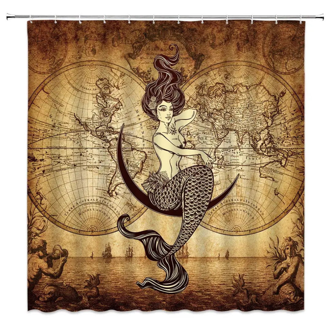 Mermaid Rustic World Map Shower Curtain 