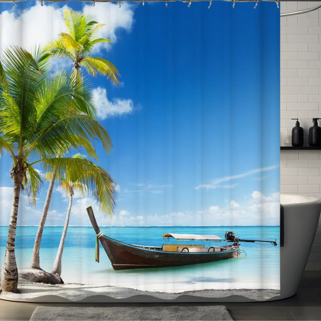 Palm Tree Shower Curtain with Boat