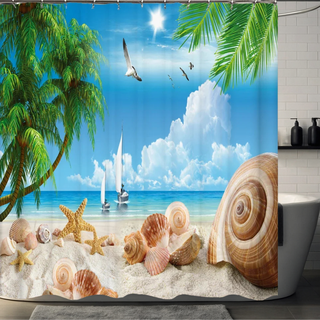 Palm Tree Shower Curtain with Starfish & Seashells