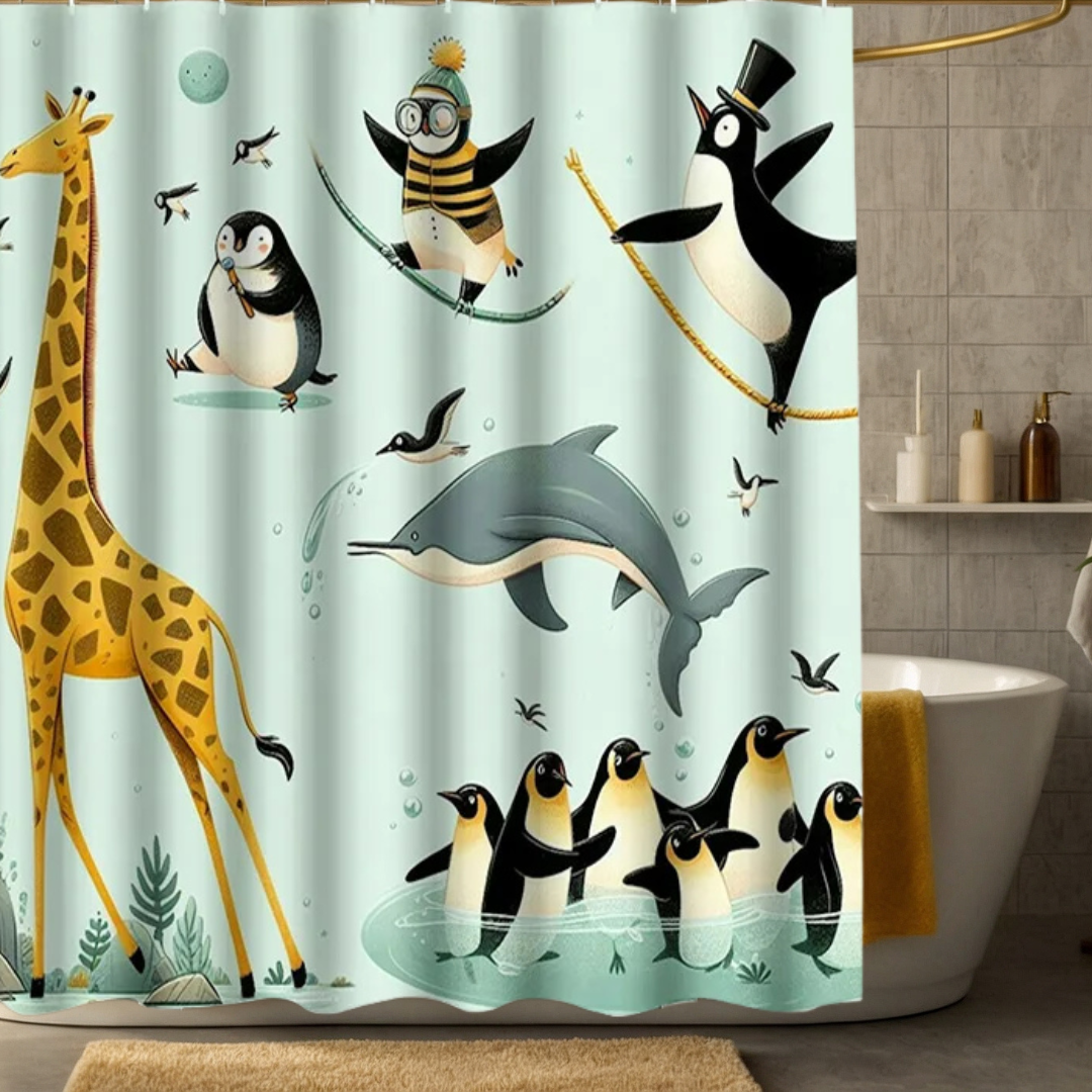 Penguin, Giraffe & Dolphin Cartoon Shower Curtain