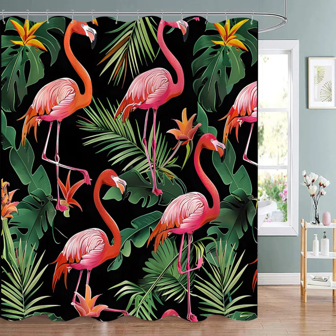 Pink Flamingo Monstera Shower Curtain