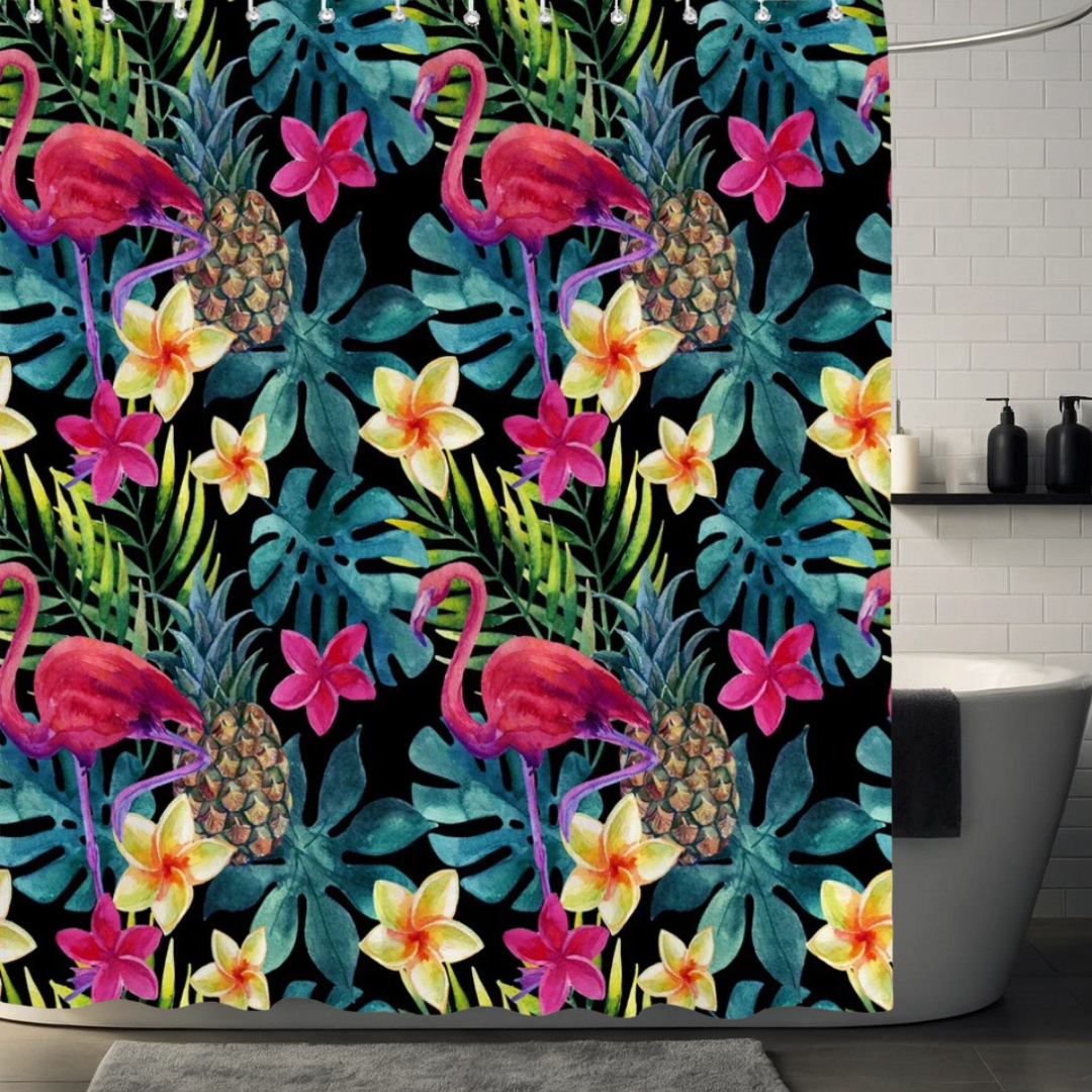 Pink Flamingo Pineapple Plumeria Shower Curtain
