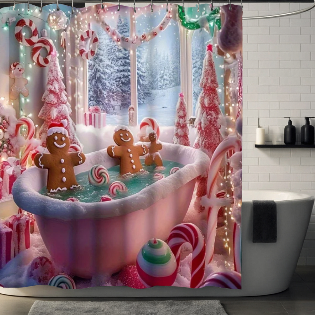 Pink Gingerbread Christmas Shower Curtain
