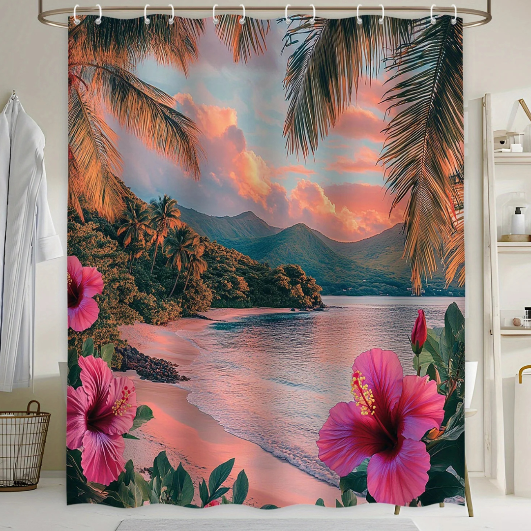 Pink Hibiscus Sunset Beach Shower Curtain