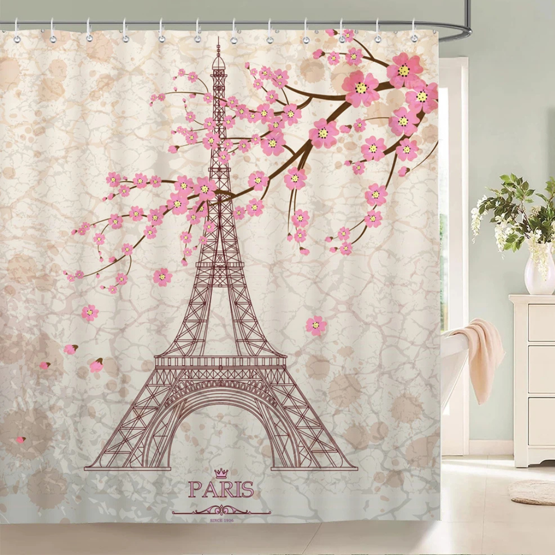 Pink Petals Eiffel Tower Shower Curtain 