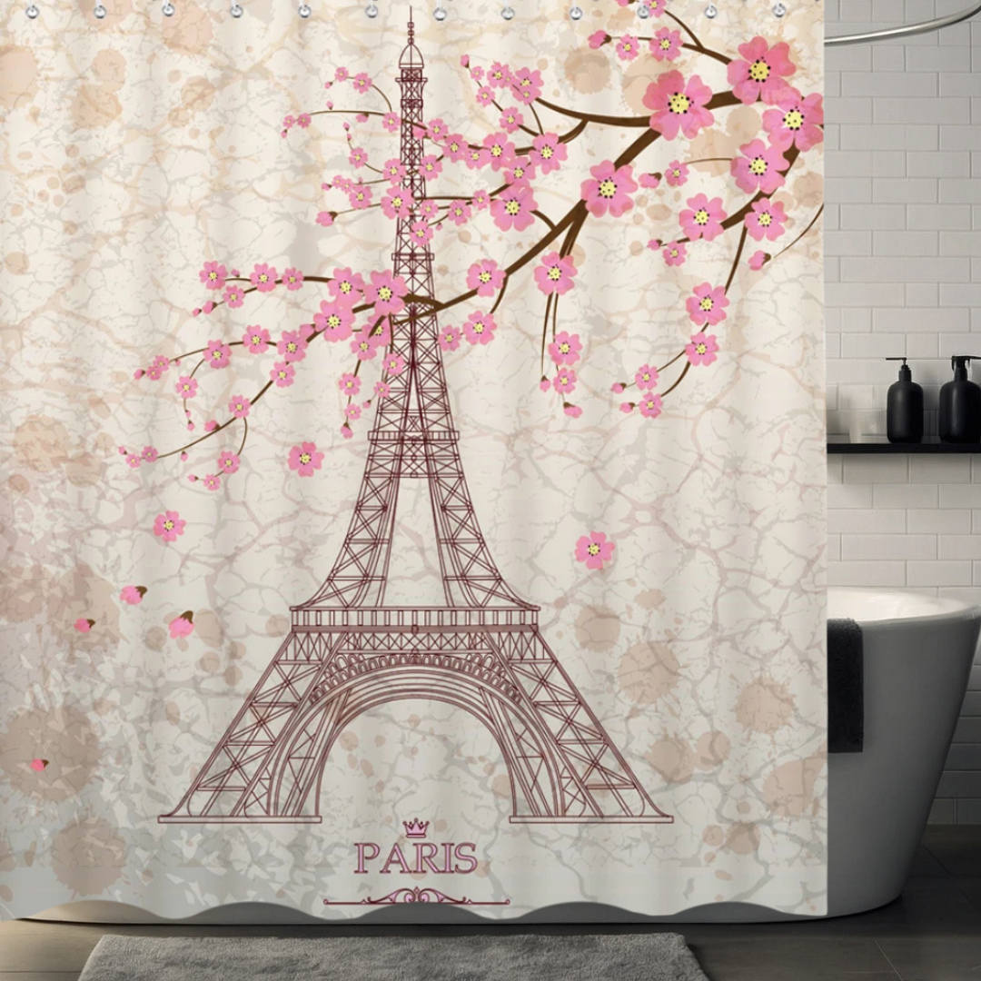 Pink Petals Eiffel Tower Shower Curtain