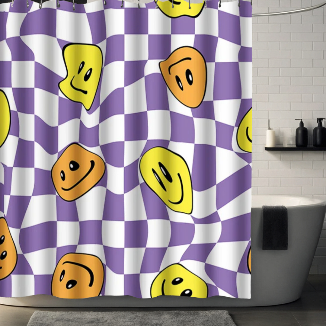 Purple Checkered Smiley Face Shower Curtain