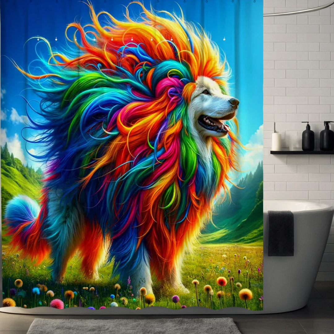 Rainbow Pompom Dog Shower Curtain