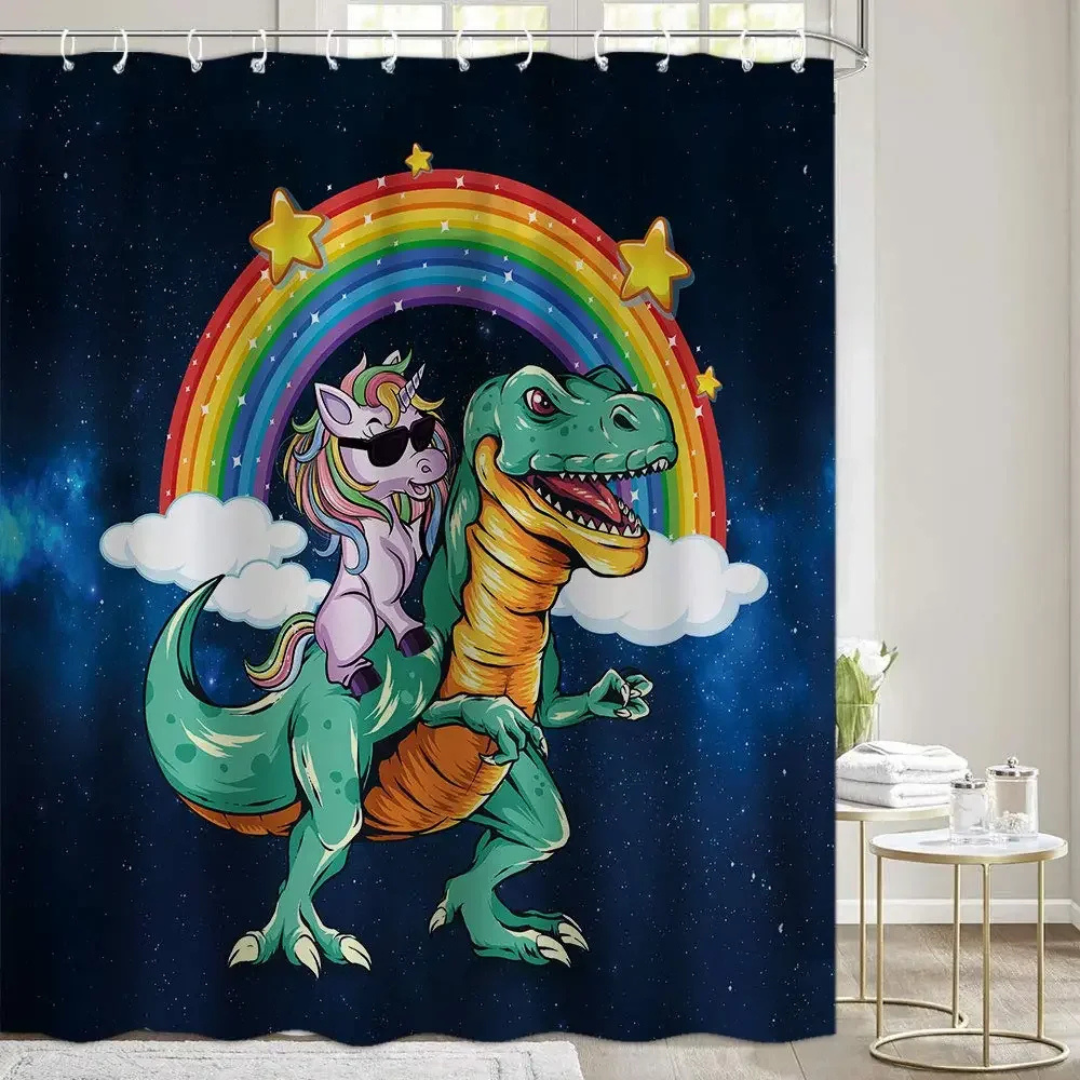 Rainbow Unicorn & Dinosaur Shower Curtain