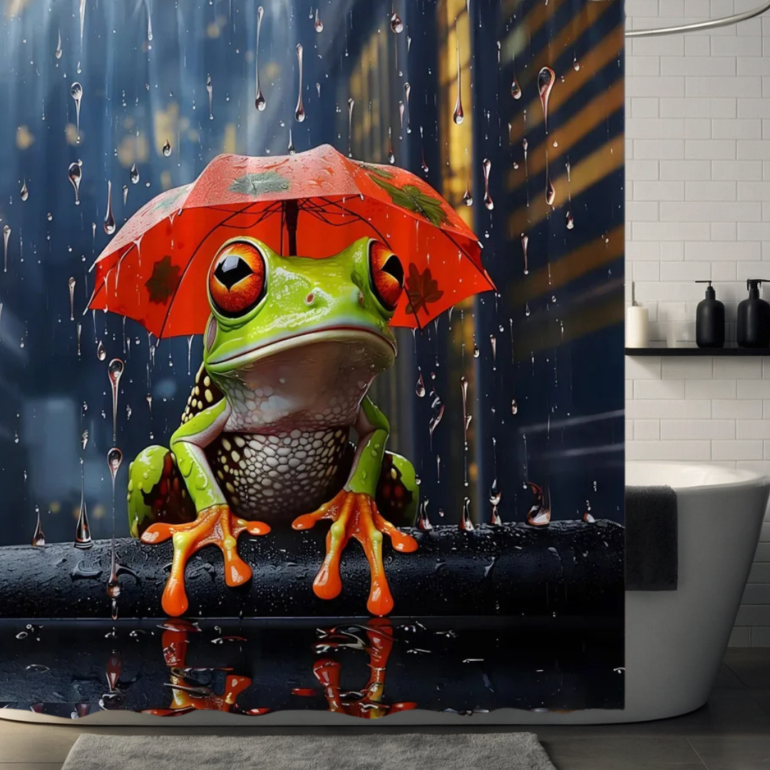 Rainy Day Frog Shower Curtain with Red Umbrella