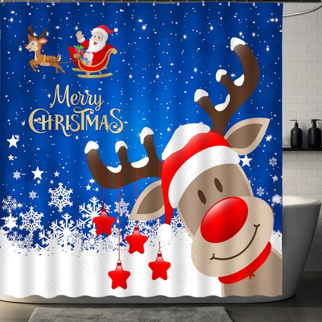 BLUE Reindeer and Snowflakes Shower Curtain