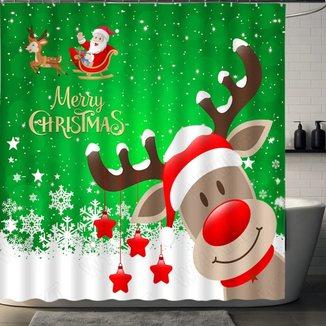GREEN Reindeer and Snowflakes Shower Curtain