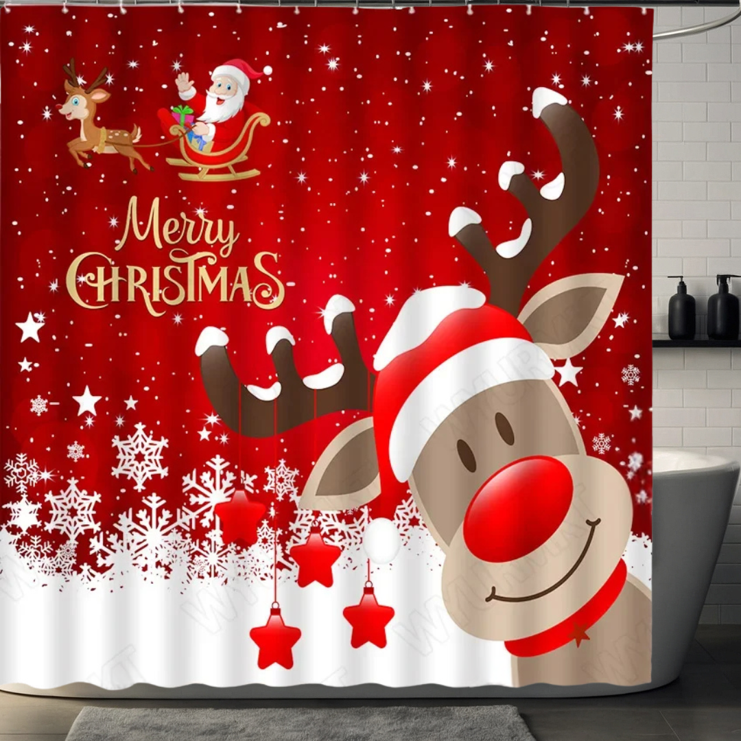 RED Reindeer and Snowflakes Shower Curtain