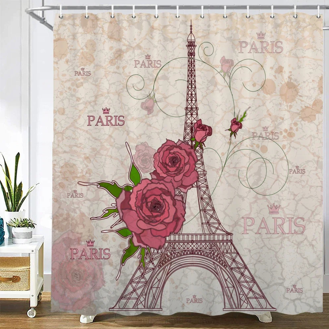 Rustic Rose Eiffel Tower Shower Curtain